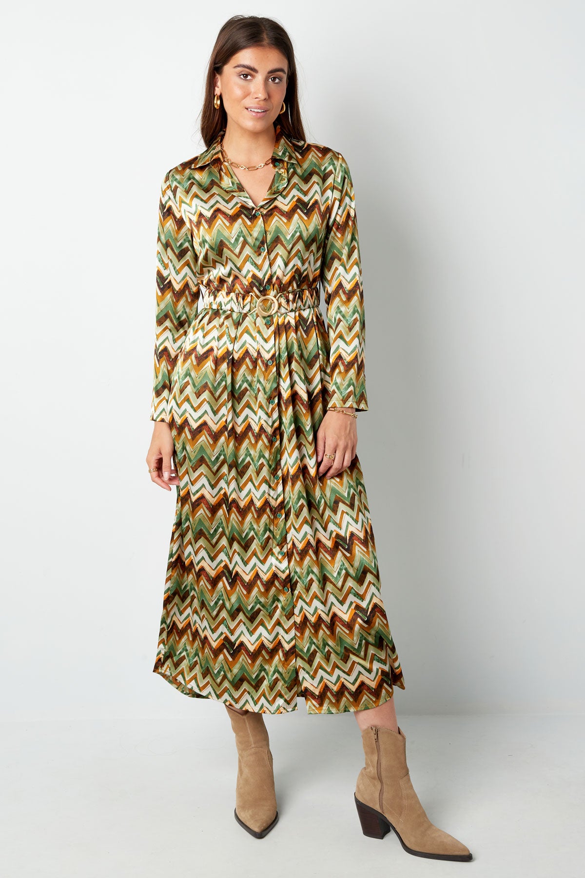 Maxi jurk zigzag print beige