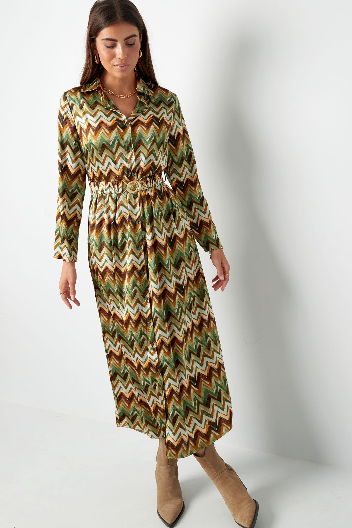 Maxi jurk zigzag print beige