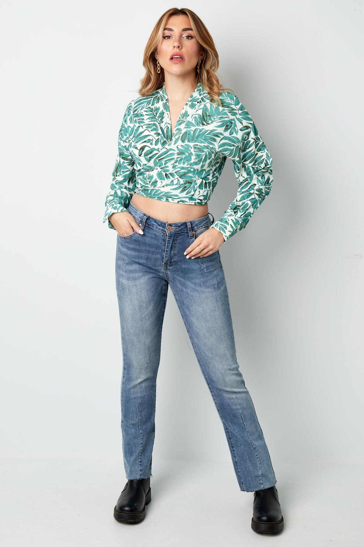 Wikkelblouse blad print groen