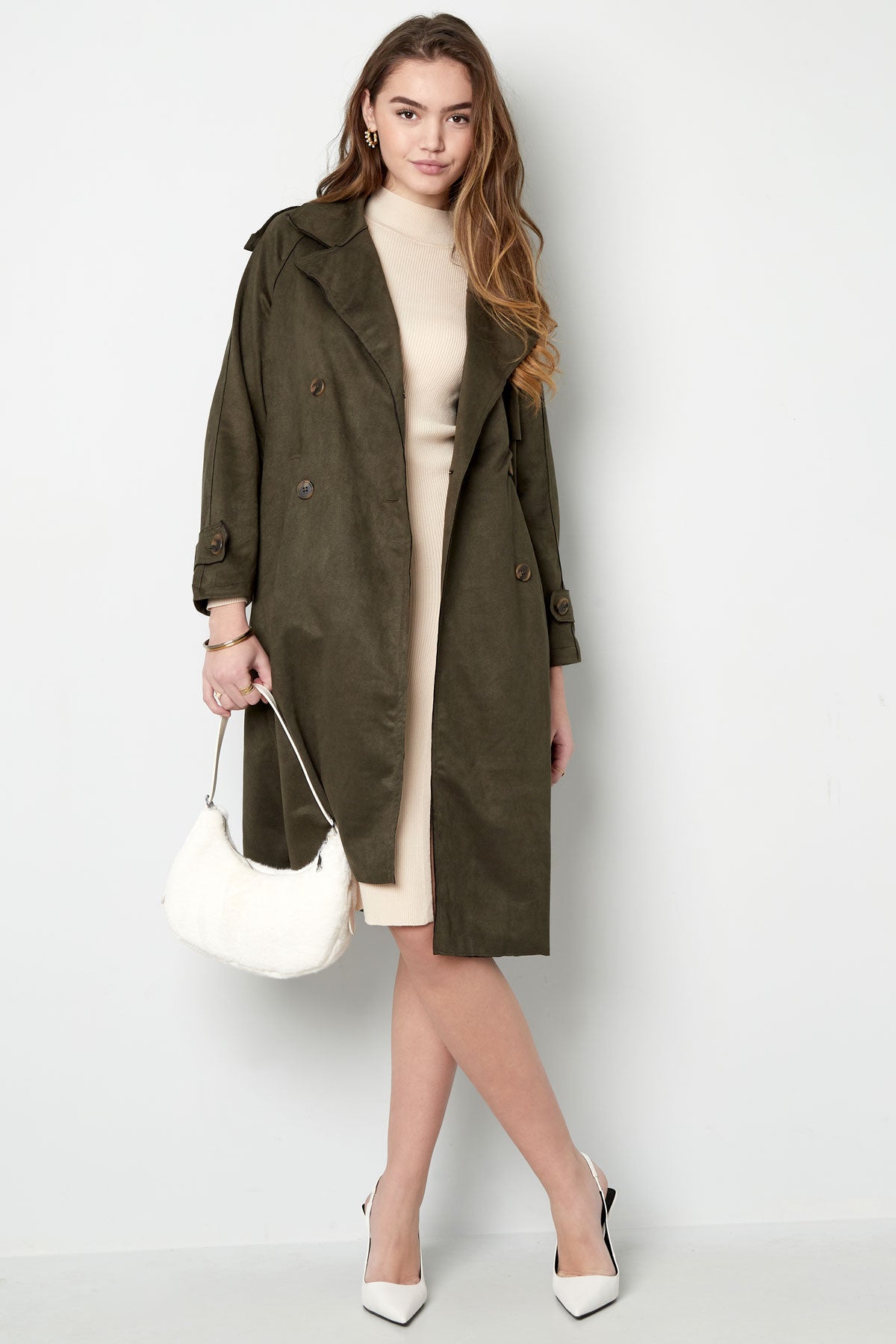 Klassieke trenchcoat suedine