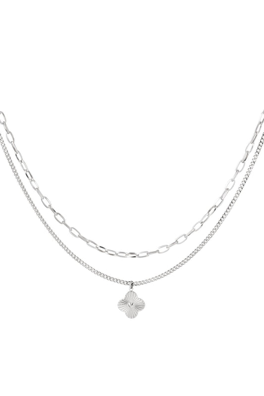 Tweelaagse ketting met bloem Zilver Stainless Steel