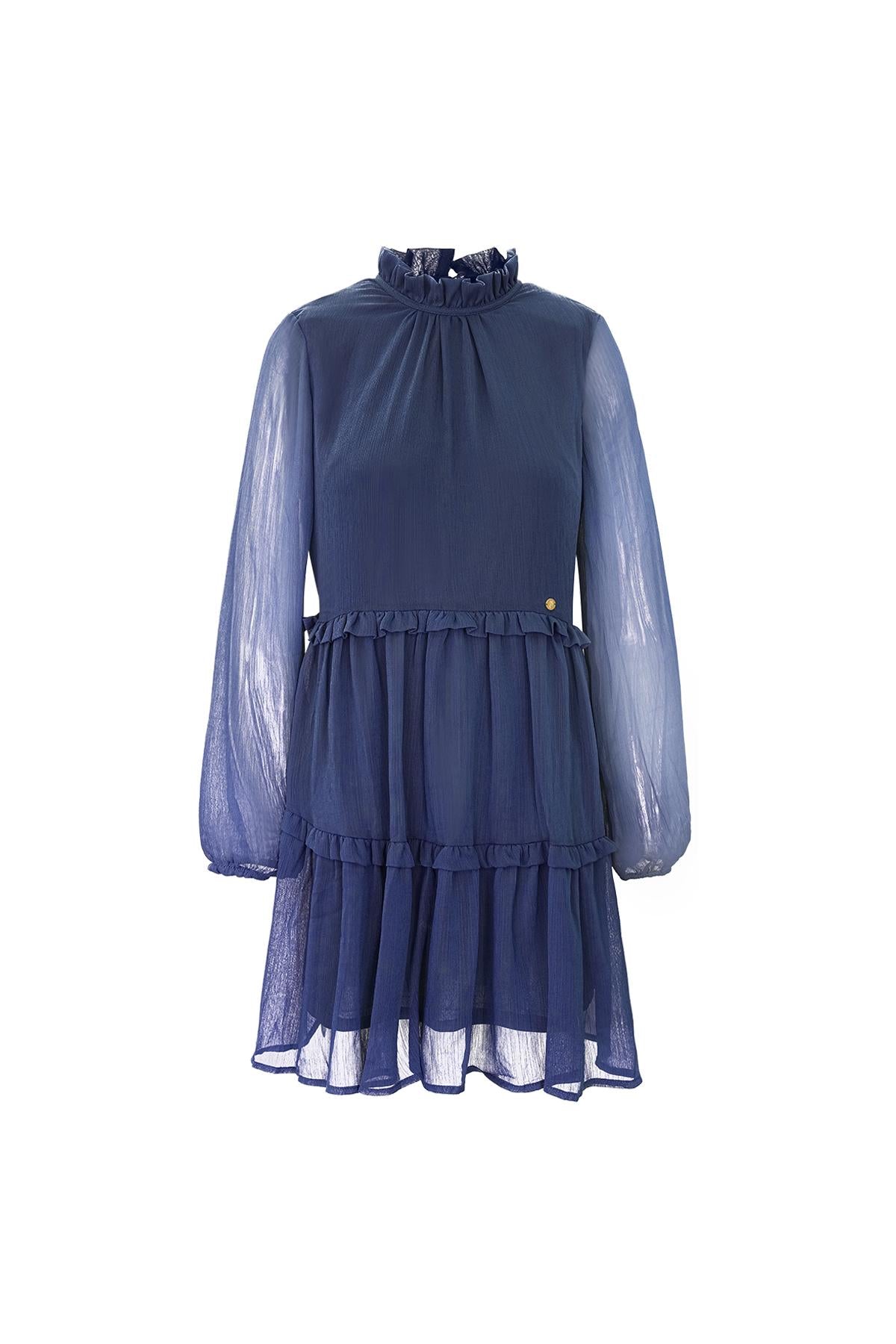 Jurk van chiffon met ruches Blauw S